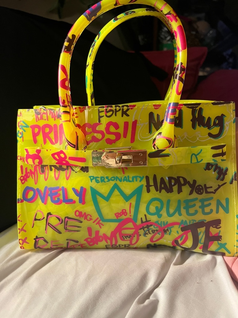 Yellow Graffiti Tote Bag with Gold Hardware - Women Bags